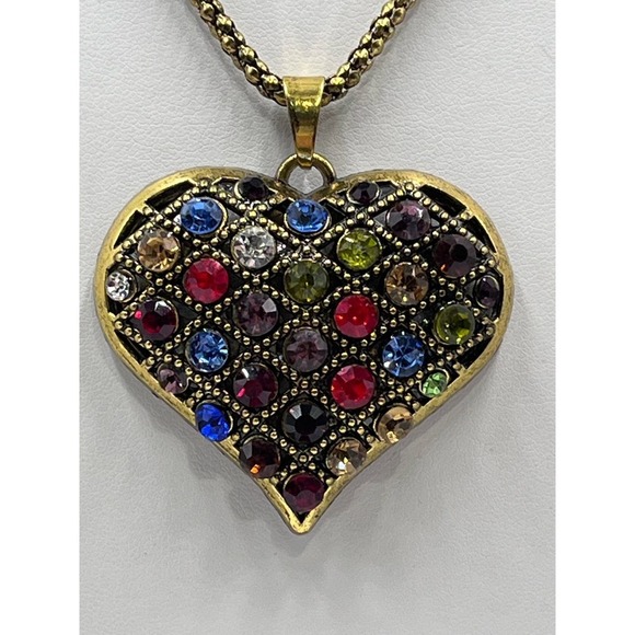 Betsey Johnson Multicolor Rhinestone Heart Pendant Antique Gold Necklace - Picture 1 of 16